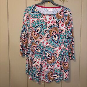 Chicos Paisley Floral 3/4 Sleeve Knit Tunic Pink Teal Size 1 Medium 570227038